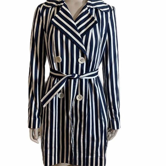 Express Navy Blue & White Striped Belted‎ Trench Coat Size Small - Picture 2 of 7